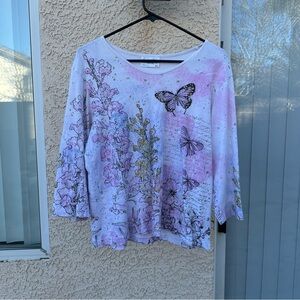 Cactus Bay Shirt Womens XL Butterfly Graphic Rhinestone 3/4 Sleeve Made in USA